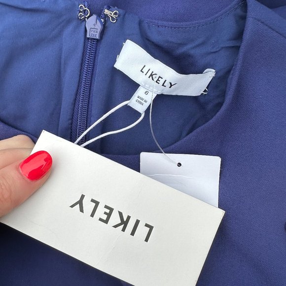 Likely Malta Bodycon Mini Dress Blue Asymmetric Ruffle Skirt Puff Sleeves Sz 6 - Picture 2 of 9